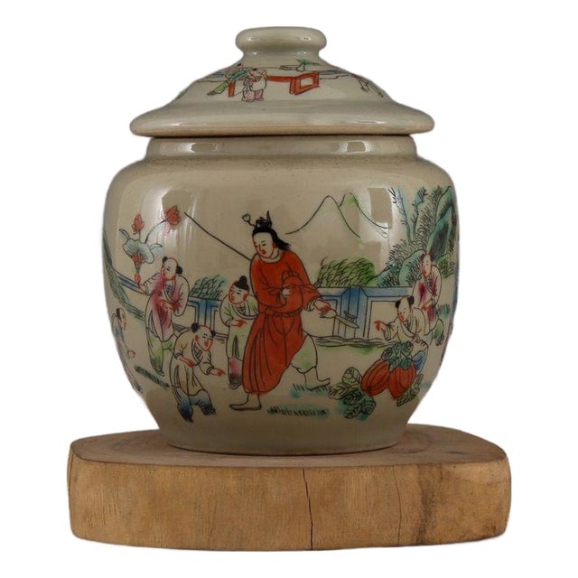 Vintage Chinese Celadon Famille Rose "Boys Playing" Covered Jar - 14.8cm For Sale