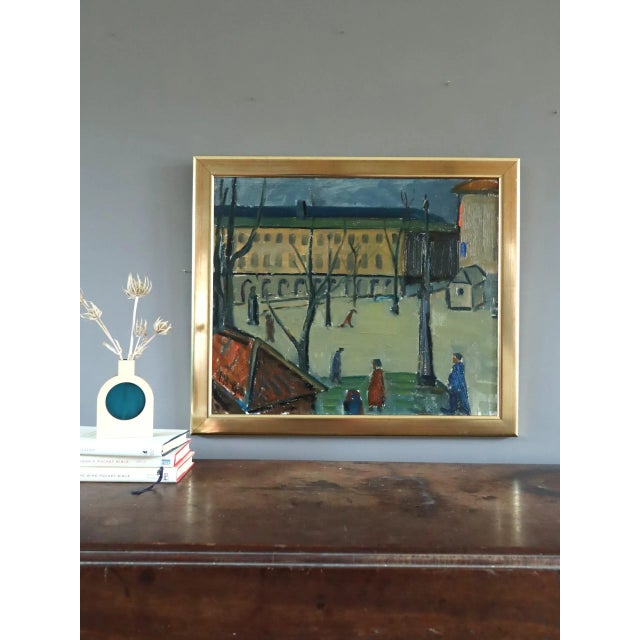 Mid-Century Modern 'Passing Moments' Vintage Original Expressive Street Scene Landscape Oil Painting, Framed For Sale - Image 4 of 12