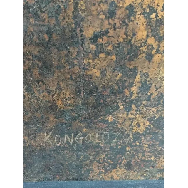 Kongolo, African art, Relief in brass, man with fish Signed and dated 1979 Measure: The height is 82 cm, 41.5 cm width,...