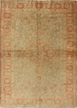 Vintage Turkish Oushak Rug With Faded Terracotta Medallion and Golden Sand 4′2″ × 6′1″