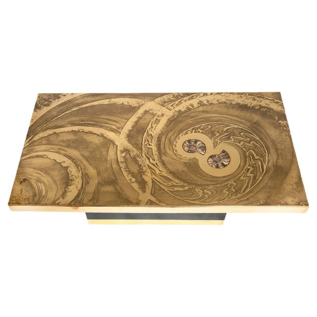 Coffee Table in Etched Brass with Inlay in Ammonite by Georges Mathias For Sale
