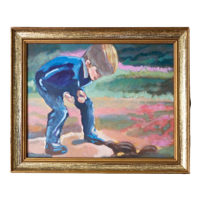 Bright Impressionist Oil Painting by Oregon Artist Boy Meets Squirrel For Sale