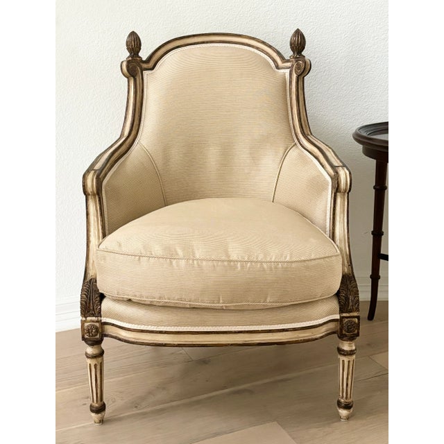 Painted French Style Bergère & Matching Ottoman For Sale - Image 4 of 12