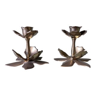 Vintage Brass Lotus Flower Candle Holders - a Pair For Sale