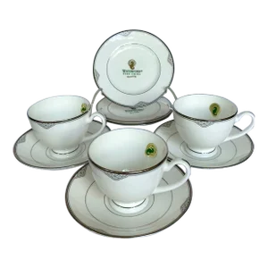 2000s Waterford Chiffonier Scallops & Dots, Platinum Trim Fine China Dessert Serving Set- 9 Pieces