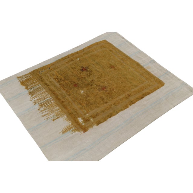 Modern Distressed Gold Fragment Rug on Gray and Blue Flat Weave, by Rug & Kilim For Sale - Image 3 of 7