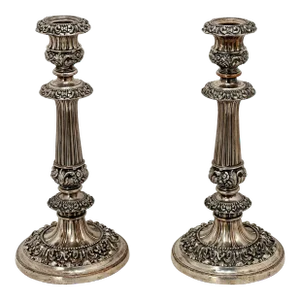 Antique Large Size Ornate Rococo Revival Style Victorian English Sheffield Silverplate Candlesticks a Pair