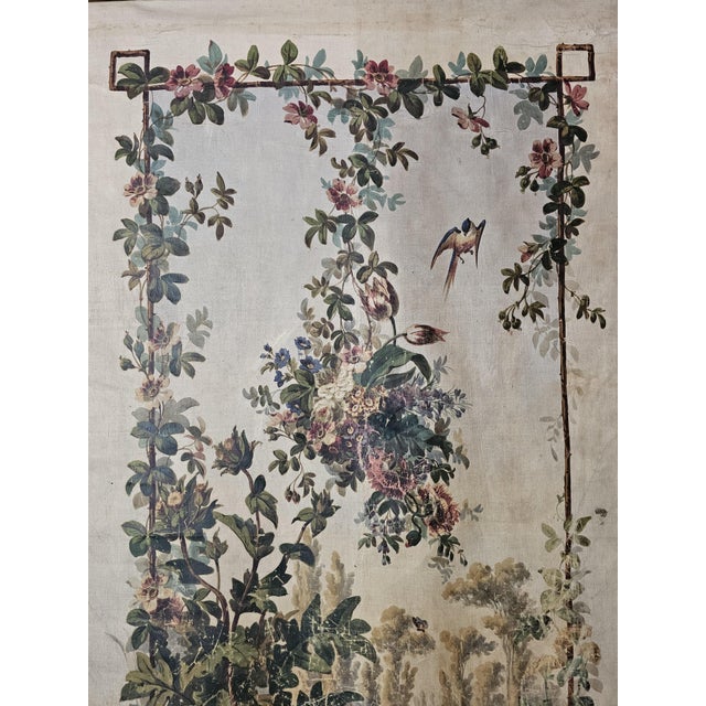 Decorative Window Panel in Fabric with Gouache Print of Garden Motif with Birds and Flowers, 1890s For Sale - Image 3 of 11