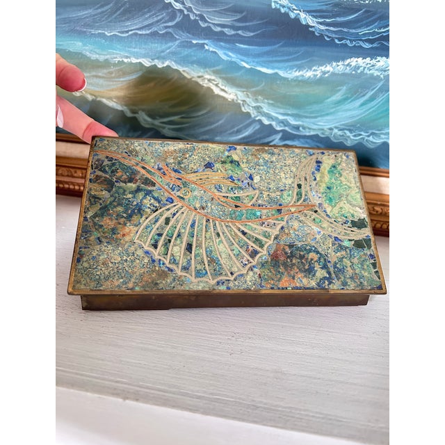 Brass Midcentury Mexican Style Mixed Metal & Stone Mosaic Sailfish Box For Sale - Image 8 of 10