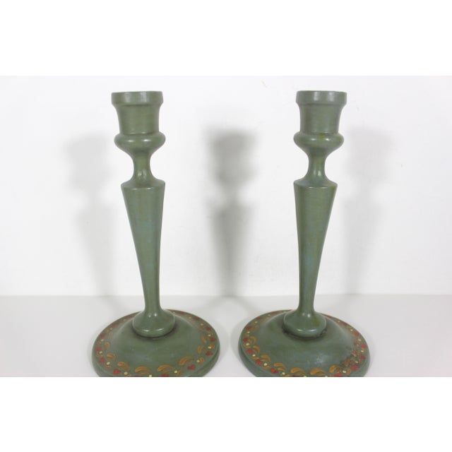 Antique Hand Painted Wooden Candle Holders a Pair For Sale - Image 6 of 11