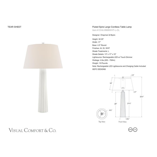 Chapman & Myers by Visual Comfort Signature Fluted Spire Large Cordless Table Lamp in Plaster White with Linen Shade...