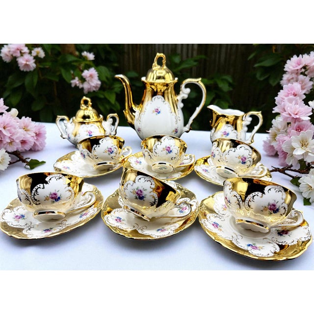 Gold German Gilded Porcelain Service with Floral Motifs for 6, 1960s, Set of 15 For Sale - Image 8 of 12