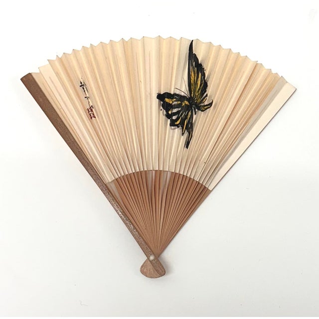 Wood Mid Century Japanese Folding Fan (Sensu) – Hand Painted Butterfly – Showa Era, C. 1960 For Sale - Image 7 of 7