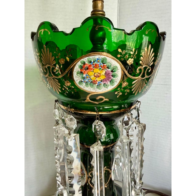 Antique Emerald Green Glass Luster Table Lamps With Crystal Prisms - a Pair For Sale - Image 9 of 12