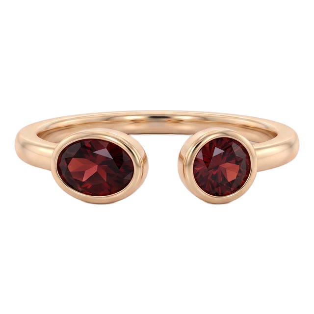 Garnet Two Stone Ring | Open Cuff Gold Ring | Minimalist Stacking Ring | January Birthstone Ring Us 7 For Sale