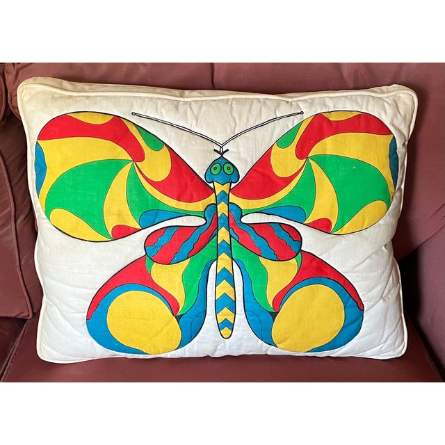 Mid-Century Modern rectangular accent pillow with quilted Mod graphic butterfly design circa 1970. Box construction with...