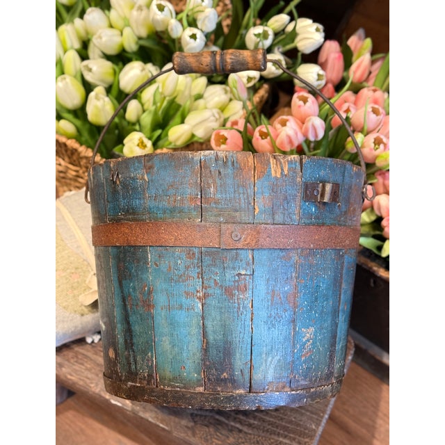 Antique 1800s Shaker Wooden Bucket Blue Paint For Sale - Image 10 of 11