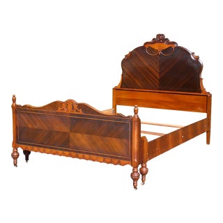 Vintage Art Deco Jacobean Revival Walnut & Maple Full Double Bed Frame For Sale