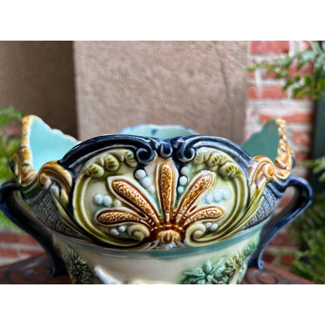 Blue Antique French Majolica Jardinière Onnaing Tiger Monkey Jungle Cache Pot Planter For Sale - Image 8 of 12
