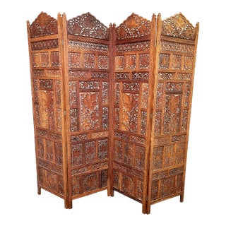 1960's Moroccan Style Pierced Wood 4-Panel Floor Screen For Sale