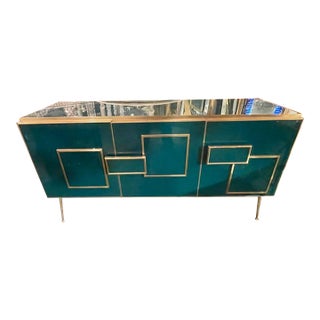 Modern Murano Glass and Brass Cabinet in Peacock Plume Green For Sale