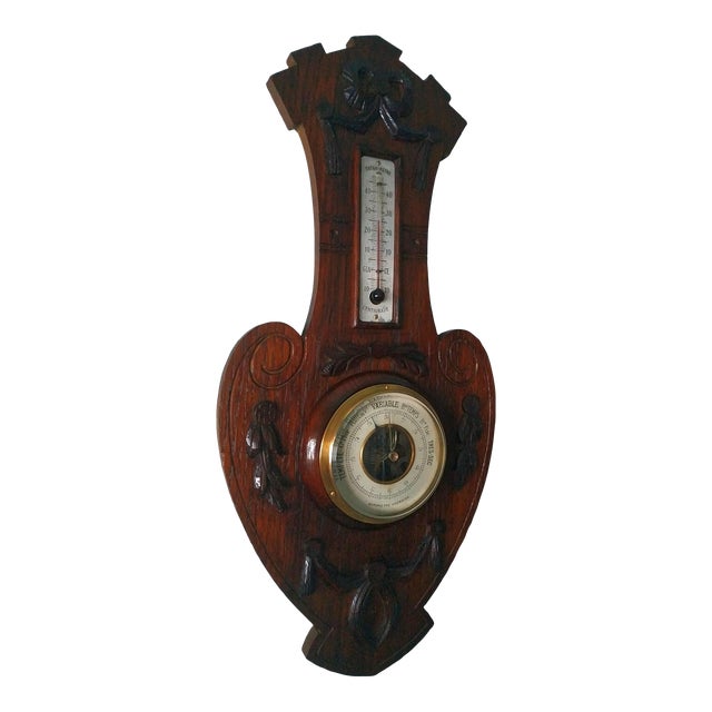 Mid 20th Century Barometer Weather Station in Wood, Metal, Brass and Beveled Glass For Sale
