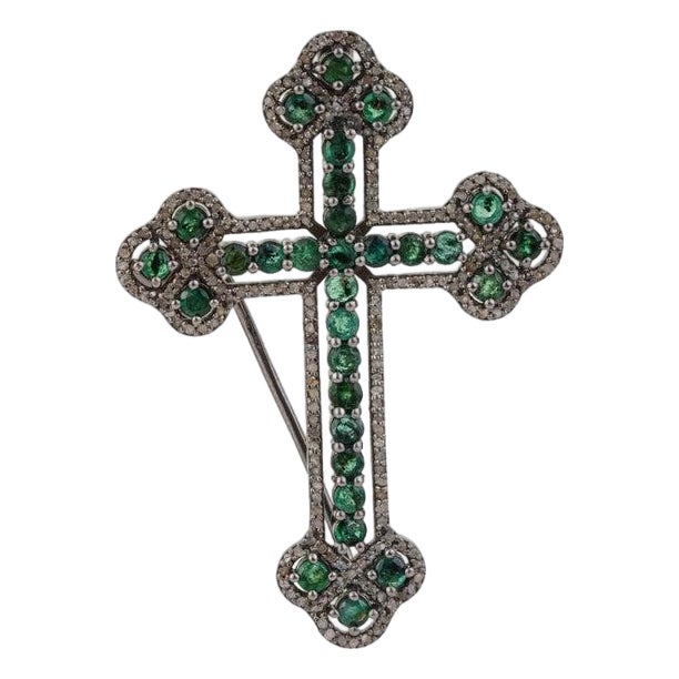 Royal Victorian Style Emerald & Diamond Cross Brooch Pendant in 925 Sterling Silver For Sale