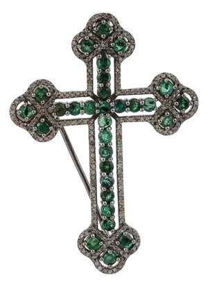 Royal Victorian Style Emerald & Diamond Cross Brooch Pendant in 925 Sterling Silver