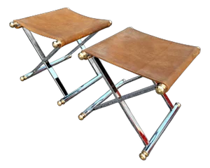 Pair of Vintage Hollywood Regency Maison Jansen Style X-Frame Chrome and Brass Stools