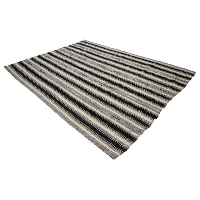 Vintage Black & Gray Striped Kilim Rug- 8′ × 10′2″ For Sale - Image 4 of 7