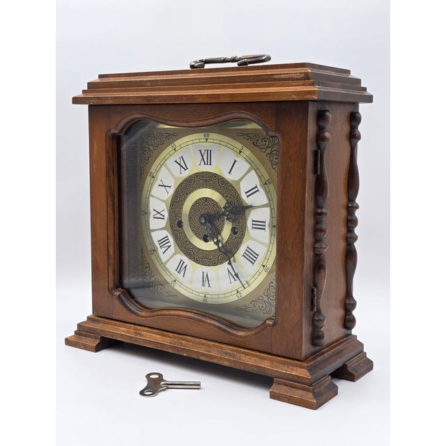 Contemporary Vintage Franz Hermle 340-020 Mantel Clock West Germany 8-Day Westminster Chime. Working Condition With Key. For Sale - Image 3 of 13
