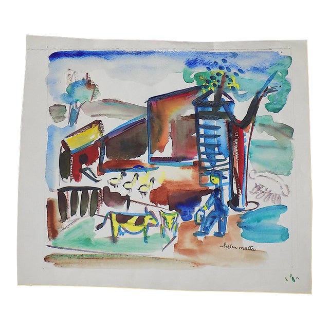 Vintage Original Mid 20th Century Listed Wpa Artist Signed Expressionist Farm Landscape Watercolor For Sale