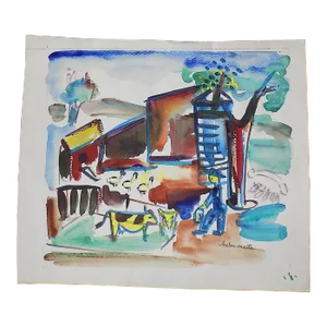 Vintage Original Mid 20th Century Listed Wpa Artist Signed Expressionist Farm Landscape Watercolor