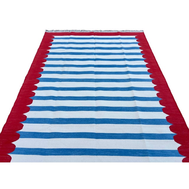 Handmade Cotton Area Rug, Blue and White Striped Scalloped Rug With Red Border - 12'x15' For Sale - Image 10 of 13