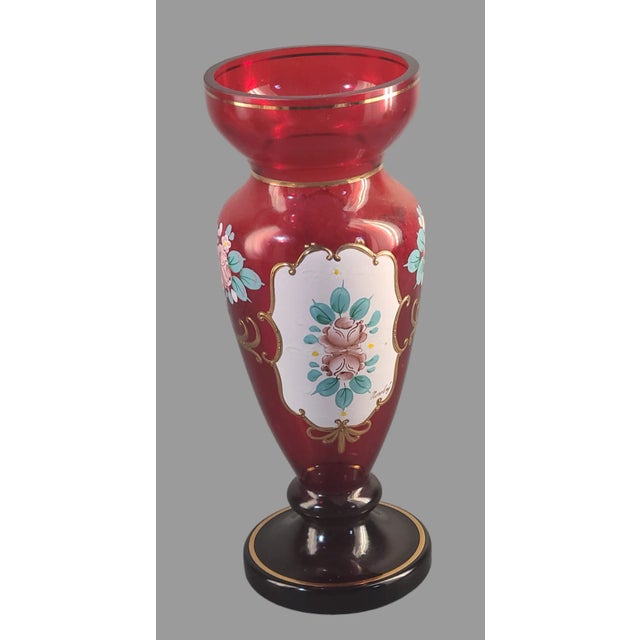 Traditional Vintage Bohemian Art Glass Cranberry Red Hand Painted Enamel Romantic Roses Vase For Sale - Image 3 of 10