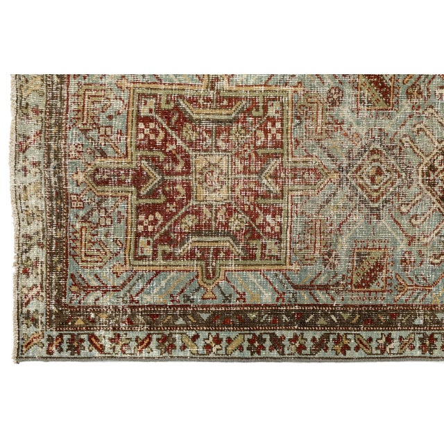 Textile Antique Heriz Serapi Runner Rug, Muted Blue and Sage Wool Corridor Rug For Sale - Image 7 of 9