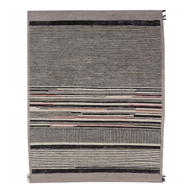 Modern Hand-Knotted Rug in Wool With Abstract Linear Design in Black & Ivory 9'9 X 12'8 For Sale