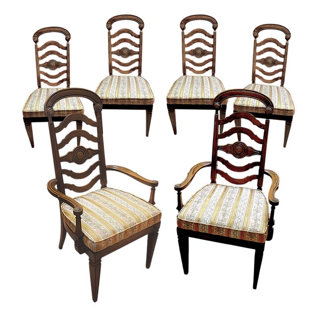 Rare 1966 Thomasville Formal Ladderback Style Dining Chairs Original Yellow Patterned Upholstery For Sale
