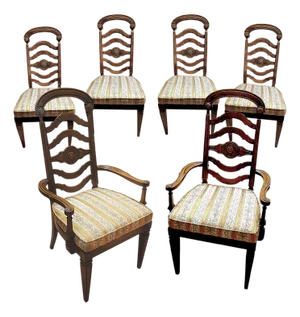 Rare 1966 Thomasville Formal Ladderback Style Dining Chairs Original Yellow Patterned Upholstery