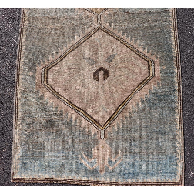 Cerulean Antique Turkish Kars Rug With Geometric Medallions in Taupe and Faded Blue For Sale - Image 8 of 11