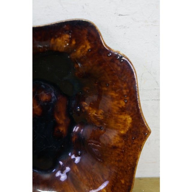 Brown Antique Ceramic Brown Glazed Scalloped Dish Tray Centerpiece Bowl Compote 11" For Sale - Image 8 of 10