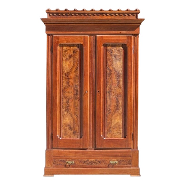 Antique 1870s Eastlake Victorian Knockdown | Walnut W/ Burl | Wardrobe Armoire | With Key For Sale