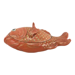 Vintage Chinese Red & Gold Fish-Form Lidded Bowl