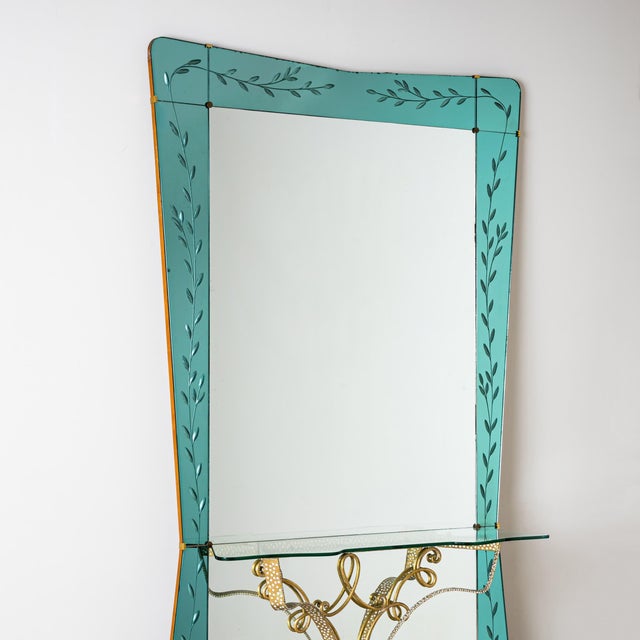 Blue 1940s Large Wall Mirror with Console and Etched Decor, Italy For Sale - Image 8 of 10