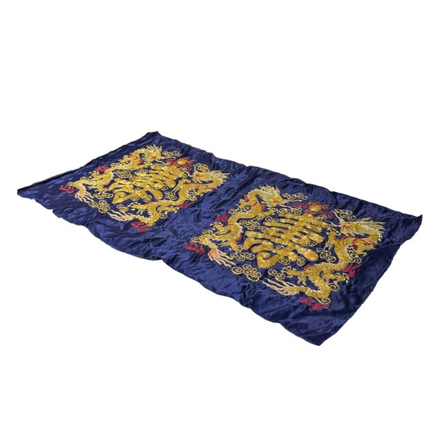 Textile Vintage Hand Embroidered Double Dragons Longevity Navy Blue Fabric Art For Sale - Image 7 of 8