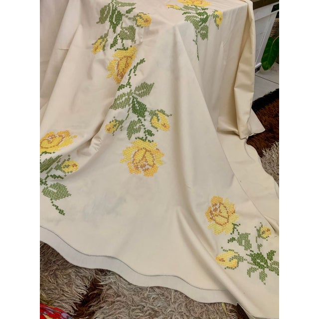 Vintage 1970’s Handmade Cross Stitch Floral Embroidered Tablecloth For Sale - Image 4 of 12