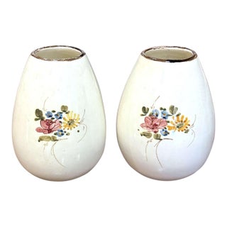 Pair of Mid-Century French Hand-Painted Ceramic Floral Vases For Sale