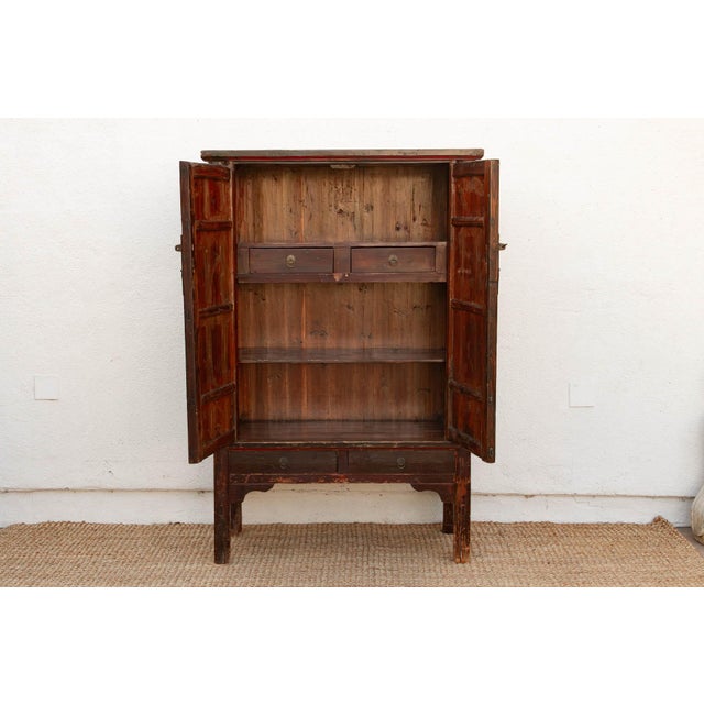 Asian Antique Painted Medallions Red Lacquer Tall Cabinet For Sale - Image 3 of 10