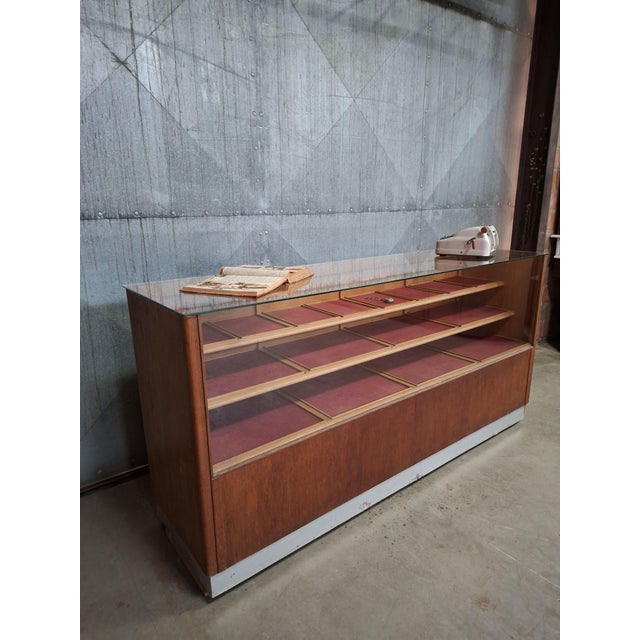 Mid-Century Modern Vintage Wooden Haberdashery Display Counter with 20 Drawers and Glass Top For Sale - Image 3 of 16