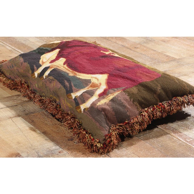 Textile Antique French Needlepoint Shorthorn Ox Tapestry Pillow - 02'09 X 01'09 For Sale - Image 7 of 10